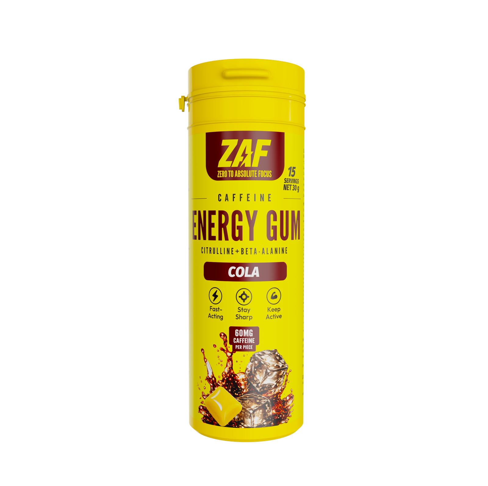 ZAF Caffeine Energy Gum, Cola tube, 15 pieces, 60mg caffeine per piece
