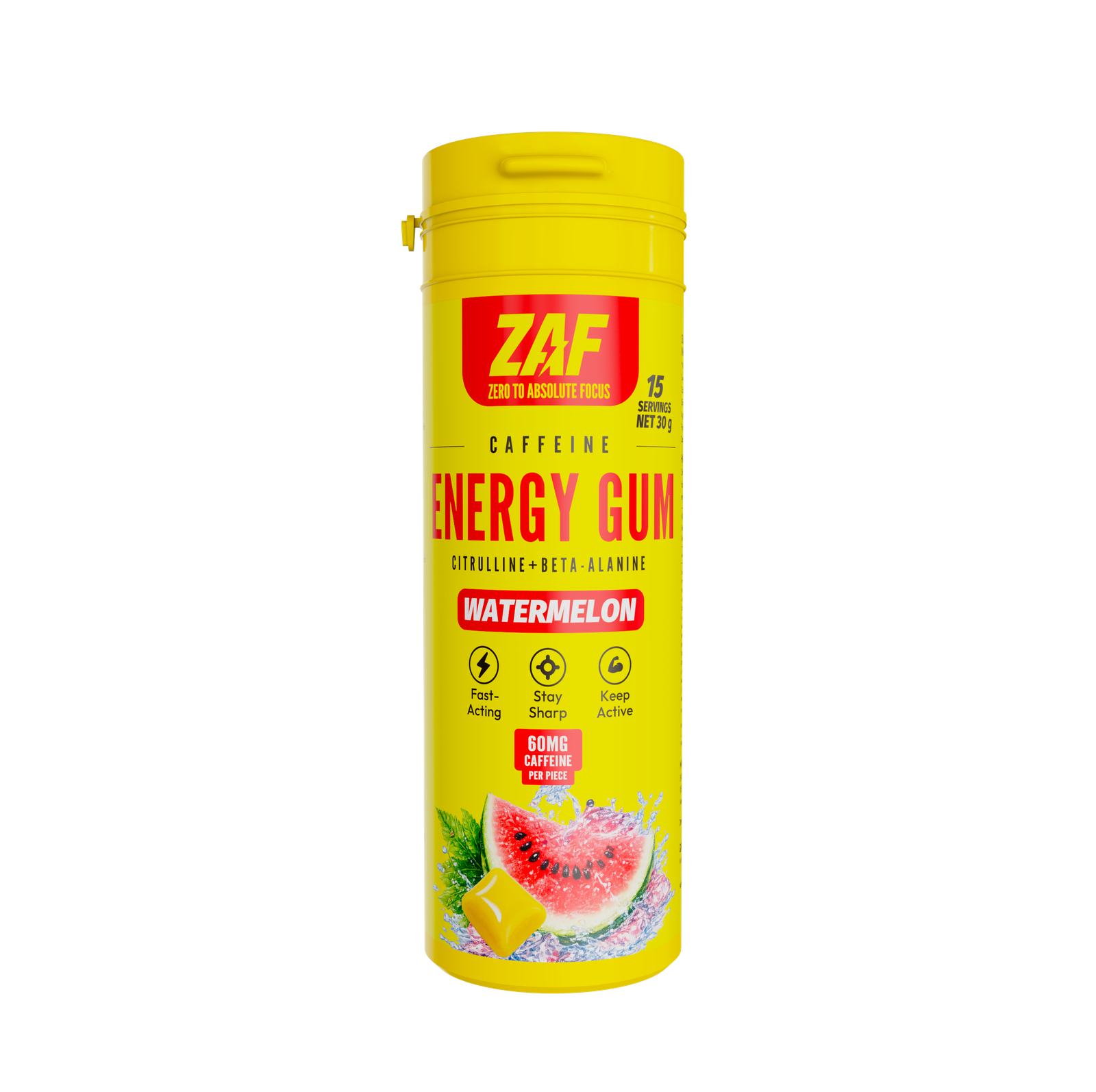 ZAF Caffeine Energy Gum, Watermelon tube, 15 pieces, 60mg caffeine per piece